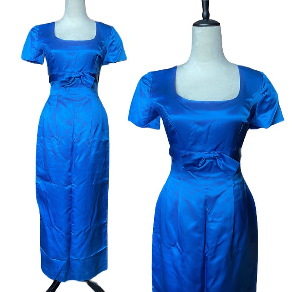 Vtg 1950s 60’s Royal Blue Satin Wiggle Dress Evening Dress Small - Picture 2 of 8